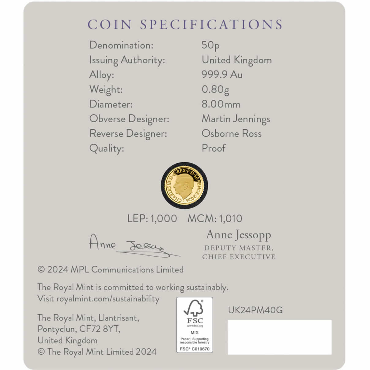 2024 1/40oz Gold Royal Mint issue Paul McCartney coin (#248)