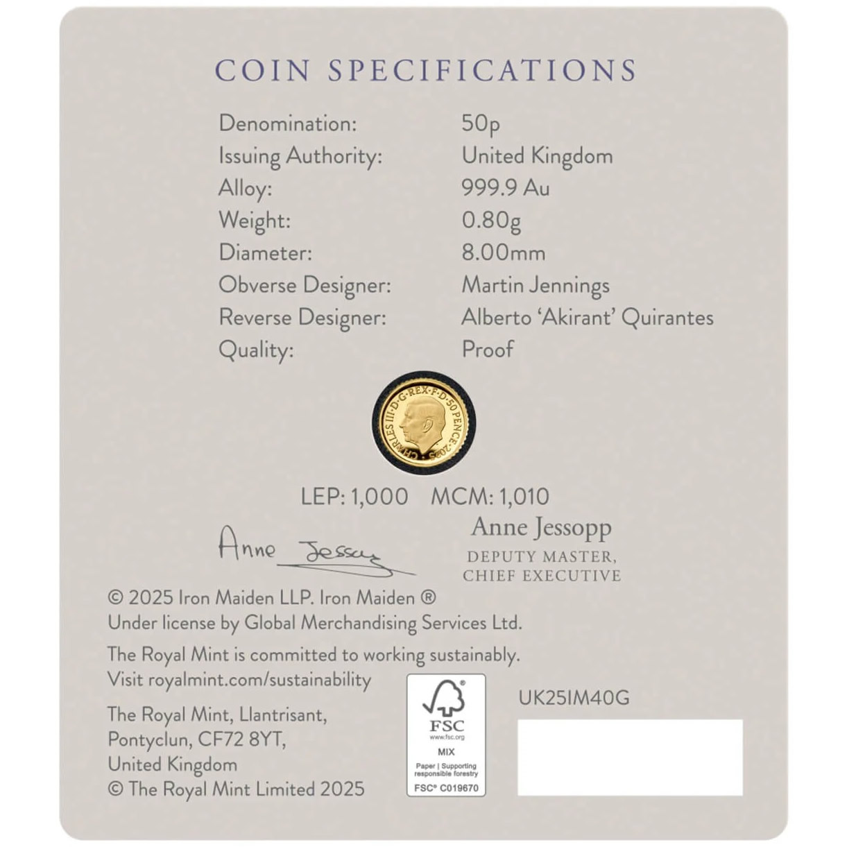 2025 1/40 oz Gold Royal Mint issue Iron Maiden coin (#249)