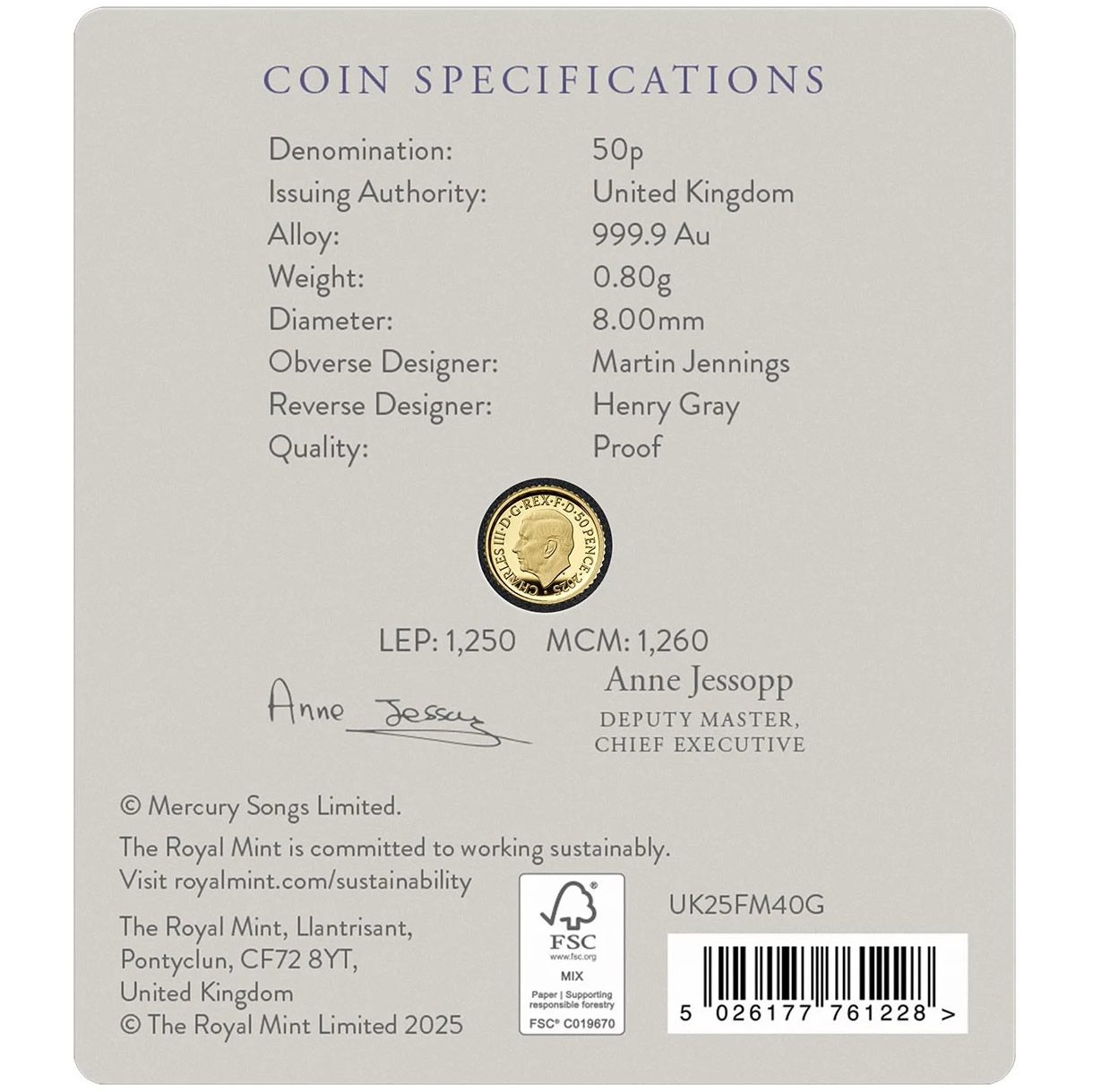 Freddie Mercury 2025 UK 1/40oz Gold Proof Coin