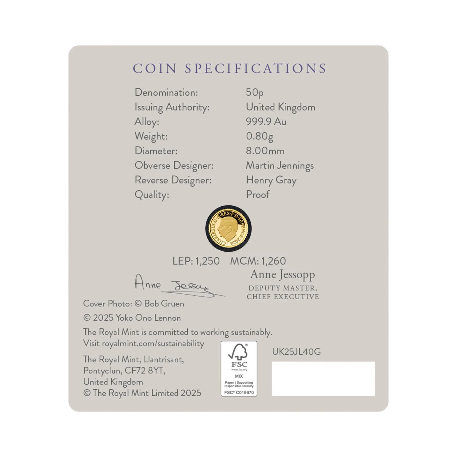 John Lennon 2025 UK 1/40oz Gold Proof Coin