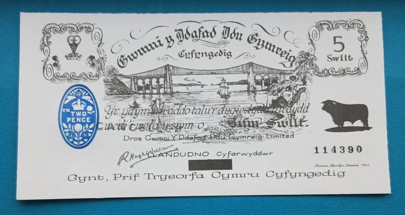 1969 Welsh Banknote Five Shillings  Pum Swllt (#391)